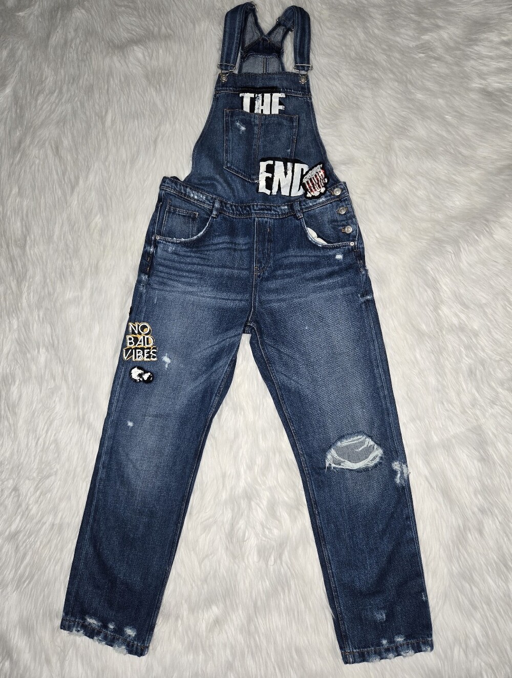 Zara Dark Blue Distressed Denim Overalls with Patches